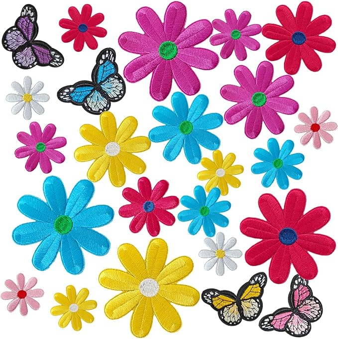 WILDREEDS 24 Pieces Colorful Daisy Flower Butterfly Iron on Patches, Iron Flower Embroidered Patch for Clothing, T-Shirt, Backpacks, Hats, Jeans, Jackets