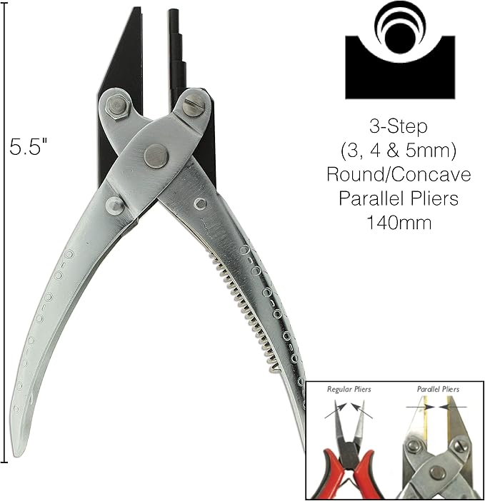 The Beadsmith 3-Step Round and Concave Nose Parallel Plier, Loops 3, 4, 5mm, 5.5 inches (140mm), Steel Tool for Jewelry Making, with Spring