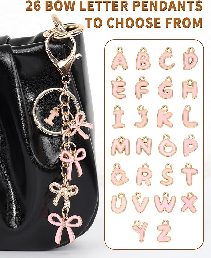 Bow Purse Charms Keychain - Pink Bow Alphabet Letter Key Chain, Bag Charms Wallet