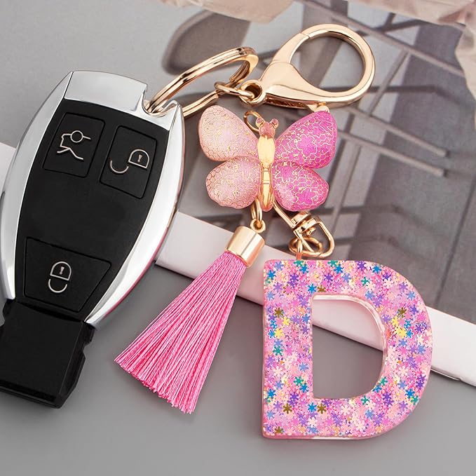 Suweibuke Cute Pink Key Chains for Women Girls, Initial Letter Keychains with Tassel, Charms for Key Purse Handbags Backpacks