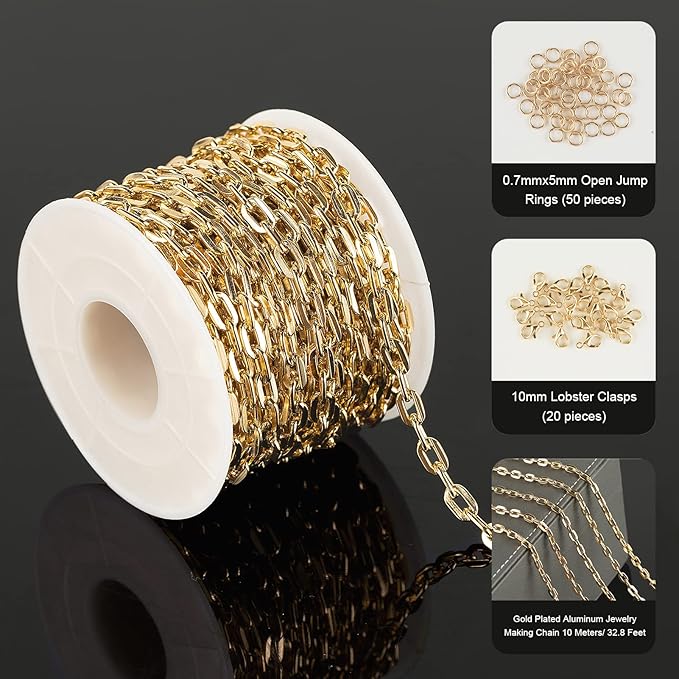 32.8 Feet Gold Plated Chain Bulk, Aluminum Paperclip Necklace Bracelet Chain for Women Men Jewelry Making Chain Roll with Jump Rings and Lobster Clasps