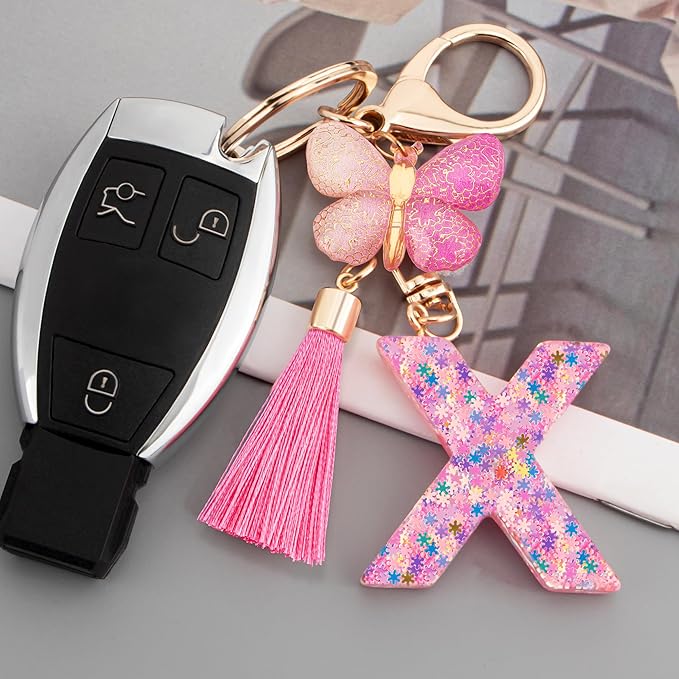 Suweibuke Cute Pink Key Chains for Women Girls, Initial Letter Keychains with Tassel, Charms for Key Purse Handbags Backpacks
