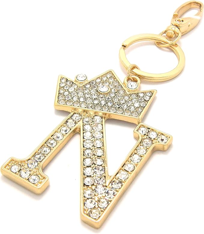 CBC Crown Crystal Rhinestone Letter Initial Keychain, Gold Metal, Bag Charm with Key Ring Approx. 2.17" x 2.56"
