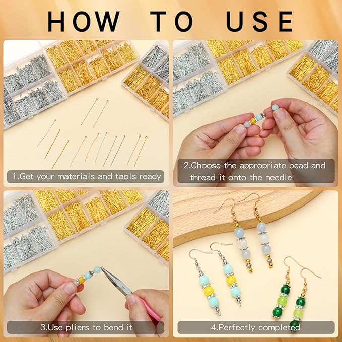SONGIN 1085pcs Eye Pins and Flat Head Pins for Jewelry Making, Metal Eyepins, Headpins & Ball Head Pins for DIY Earrings, Necklaces, Bracelets, Pendants Jewelry Supplies(Gold)