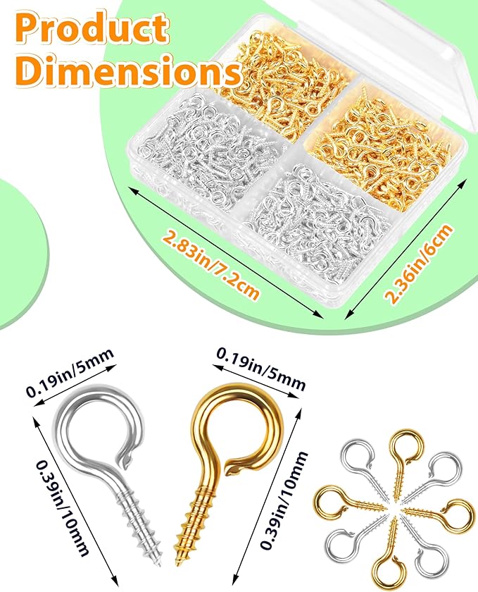600pcs Silver & Gold Small Screw Eye Pins for Jewelry Making & DIY Crafts, Mini Eyelet Screws for Art Projects & Bead Charms, Tiny Eye Hooks, Mini Eyelet Hooks for Cork Top Bottles (5mm)