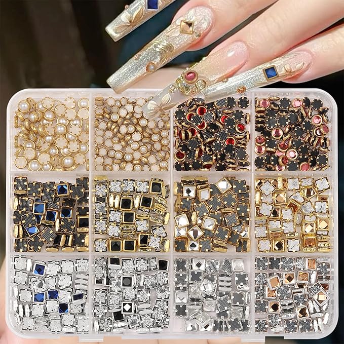 Luxury 3D Nail Art Charms Rhinestones, CYHYII 1 Box Metal Jewelry Nail Decoration Mixed Styles Colors Shiny Diamonds Vintage Pendants Nail Gems for Nail Decoration