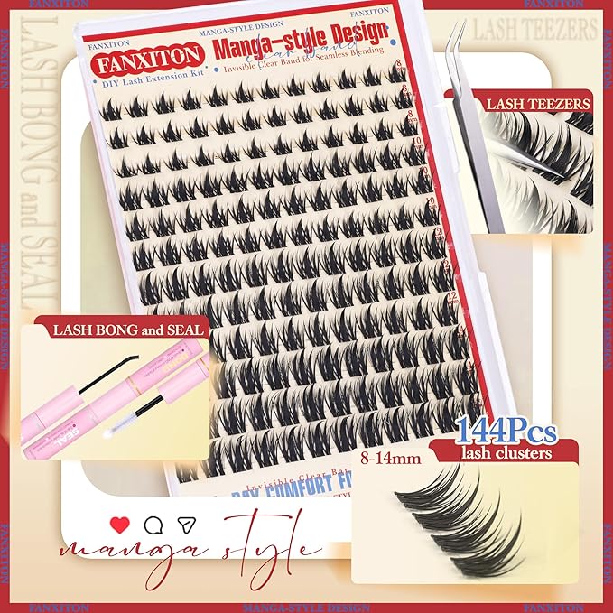 Fairy Lash Clusters Spiky Eyelash Extensions Wispy Individual Lashes Lashes Extension 8-14mm DIY Soft Eyelash Clusters 144Pcs Lash Bond and Seal and Tweezers for Lash Clusters Kit DIY at Home