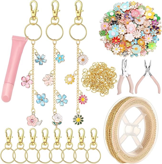 VioraWhite 213 Pcs Lip Gloss Keychain Making Kit 100 Pink Enamel Charms 32.81 ft Gold Chains for DIY Crafts Women(Floral)