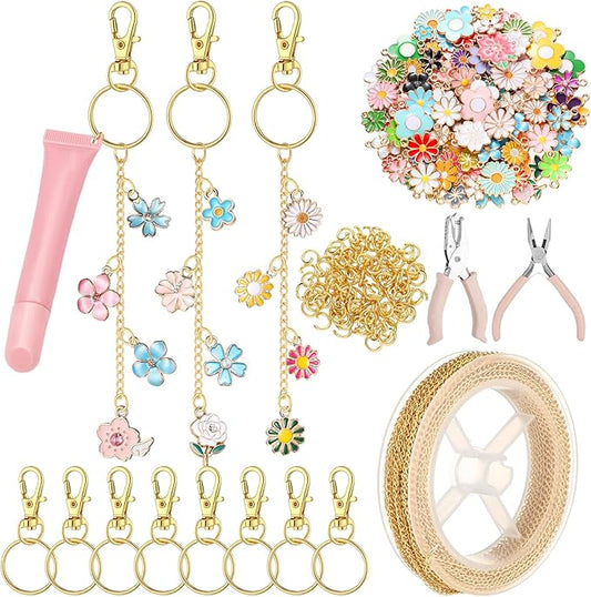 VioraWhite 213 Pcs Lip Gloss Keychain Making Kit 100 Pink Enamel Charms 32.81 ft Gold Chains for DIY Crafts Women(Floral)