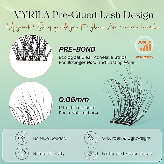 VYRILA Self-Adhesive Lash Cluster, 120pcs Pre-Glued Clusters, Pop-On Faux Eyelashes, 3D Band D Curl Natural Look Lahses, Easy to Apply, Reusable 0.05mm Eyelash Extensions (Green Hush-D-0.05-10-16mix)
