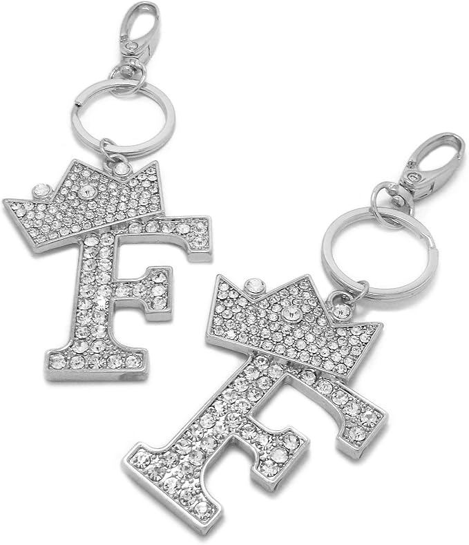 CBC Crown Crystal Rhinestone Letter Initial Keychain, Gold Metal, Bag Charm with Key Ring Approx. 2.17" x 2.56"