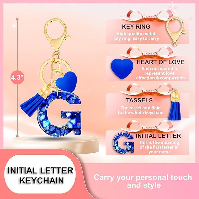 Initial Keychains for Women with Cute Heart Resin - Alphabet Letter Keychain for Bag, Backpacks, Purse or Car key