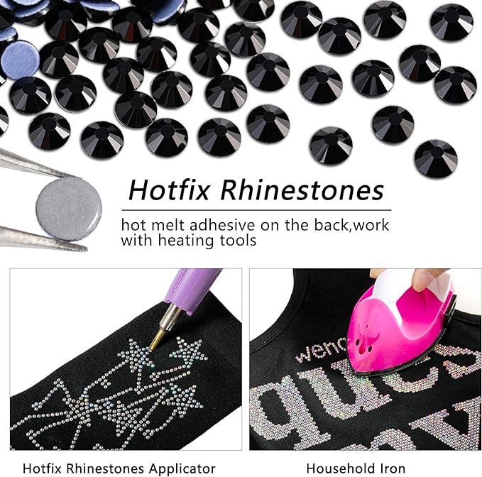Beadsland Hotfix Rhinestones, 1440pcs Flatback Crystal Rhinestones for Crafts Clothes DIY Decoration, Black, SS16, 3.8-4.0mm