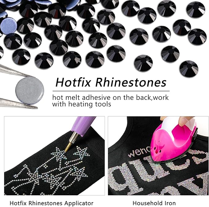 Beadsland Hotfix Rhinestones, 1440pcs Flatback Crystal Rhinestones for Crafts Clothes DIY Decoration, Black, SS20, 4.6-4.8mm