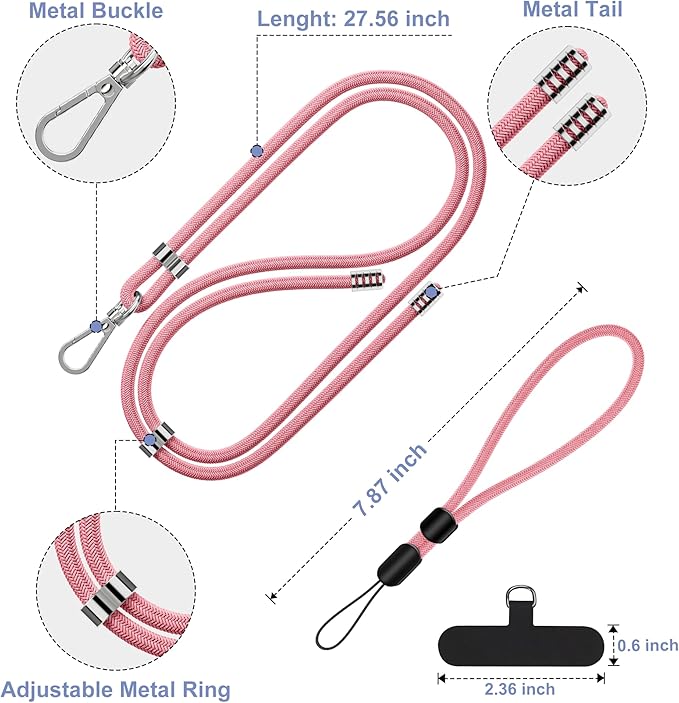 takyu 2 Pack Adjustable Cell Phone Lanyard & 2 Pack Phone Wrist Strap with Tether Tabs Compatible for iPhone Android Smartphones - Black Pink