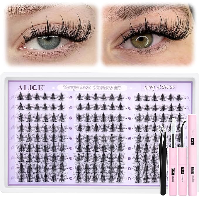 ALICE Manga Lash Clusters Kit Natural Wispy Cluster Eyelash Extension Kit Anime Lash Extension Kit 162pcs Clear Band C-Curly 10-16mm Eyelash Clusters Kit with Lash Glue Bond and Seal