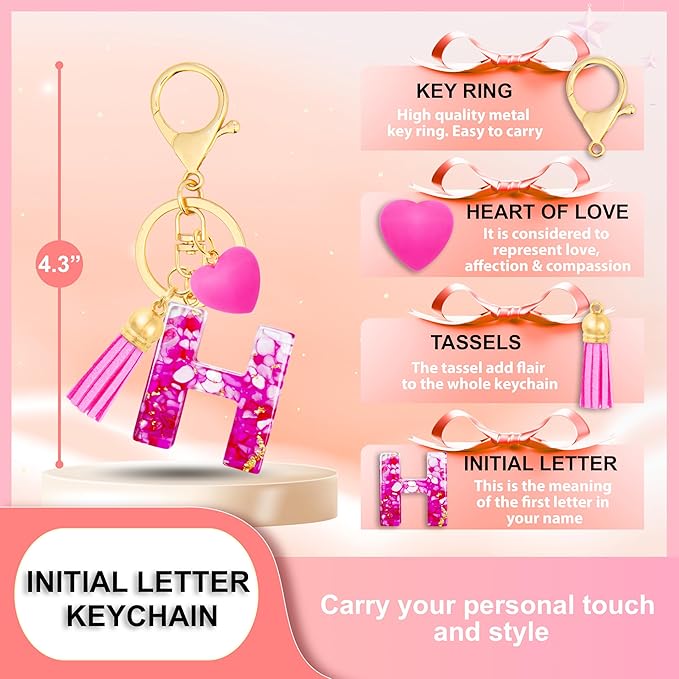 Initial Keychains for Women with Cute Heart Resin - Alphabet Letter Keychain for Bag, Backpacks, Purse or Car key
