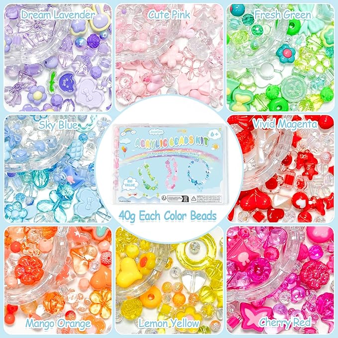 JoyJellies Assorted Acrylic Beads for Bracelets Keychain Making Kit, 8 Colors 420+PCS Mix Cute Charms Set with String and Clips Ring Flower Bow Heart Beads Crafts Jewelry DIY Phone Bag Charms