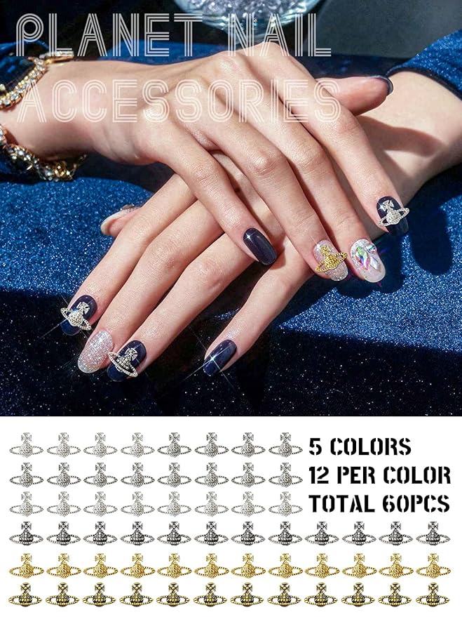 60 Pcs Planet Nail Charms, CYHYII 3D Y2K Nail Art Charms Metal Punk Vintage Saturn Shape Nail Accessories for Women Girls Nail Art Design DIY Craft Crystals Jewelry(5 Colors)