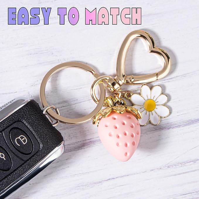 Wikavanli Cute Strawberry Keychain,Bag Charms,Kawaii Heart Flower Daisy Key chains Accessories Decor for Women Girls Purse