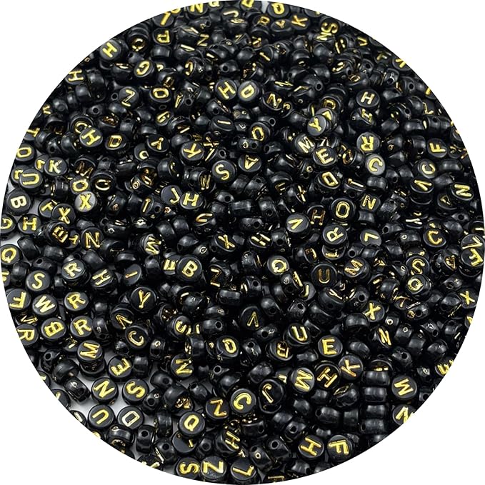 1000pcs Round Letter Beads 4x7mm Acrylic Alphabet Beads Spacer Beads for Jewelry Making Bracelets Necklace Earring Key Chains DIY Craft(Q-Gold Letter Black Bead)