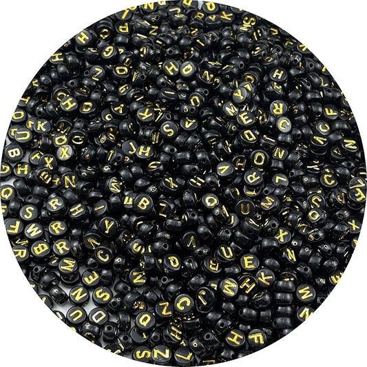 1000pcs Round Letter Beads 4x7mm Acrylic Alphabet Beads Spacer Beads for Jewelry Making Bracelets Necklace Earring Key Chains DIY Craft(Q-Gold Letter Black Bead)