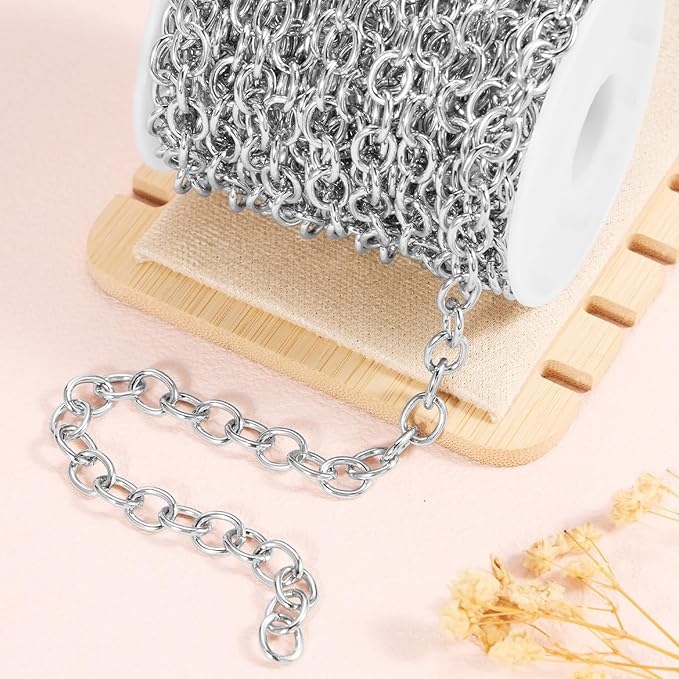 BORUINIE Silver Chain for Jewelry Making 33 Feet Aluminum Rolo Cable Chains Bulk for Bracelet Necklace Jewelry Making