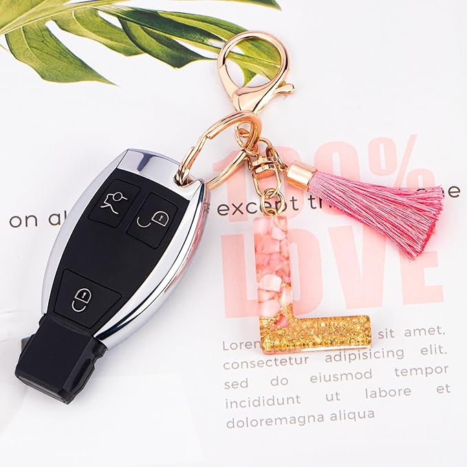 Suweibuke Cute Pink Key Chains for Women Girls, Initial Letter Keychains with Tassel, Charms for Key Purse Handbags Backpacks