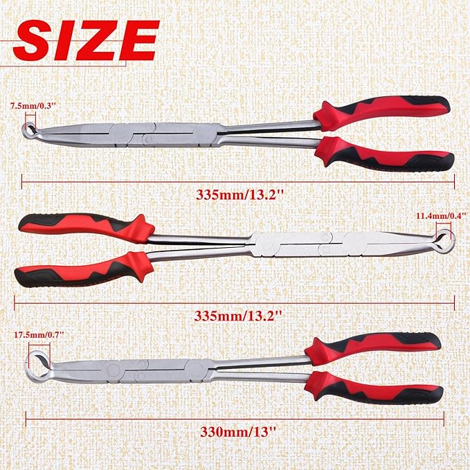 3PCS Extra Long Nose Hose Grip Pliers Set 13" Spark Plug Remeover Pliers Long Reach XL Pivot Ring Nose Plier Double Joint Ring Nose Plier with Serrated Jaw for Hard to Reach Narrow Spaces