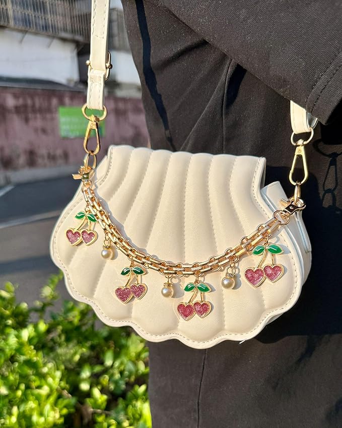 Cute Cherry Bag Chain Keychain with Pearl, Pink Bow Purse Charm, Trendy Handbag Bag Charm Keychain Accessories for Women