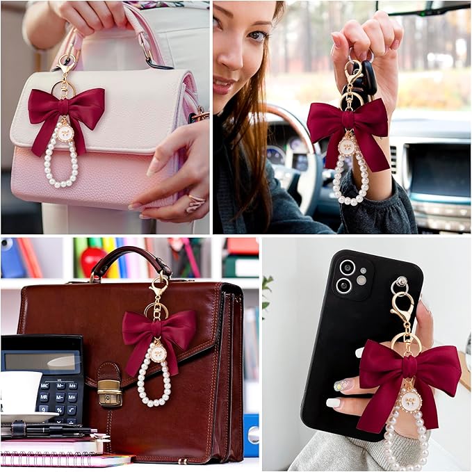 Joez Wonderful Pearl Bow Keychain, Cute Pink Bowknot & Pearl Keyring Charms, Aesthetic Keychain