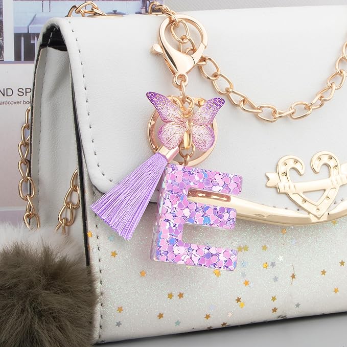 Initial letter Keychains for Women Girls Tassel Butterfly Cute Keychain for Wallet Backpack charm