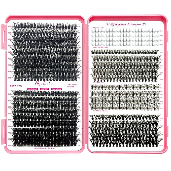 Qiveaory DIY Lash Extension Kit 727 Pcs Individual Lashes Clusters with Bottom Lashes Lash Bond and Seal,Eyelash Remover Tweezers Brush Eyelash Extension Set Lash Books DIY at Home