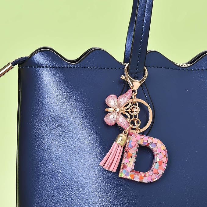 Fashion Alphabet Initial Letter Keychain Tassel Butterfly Pendant Key Ring for Purse Handbags Women Girl