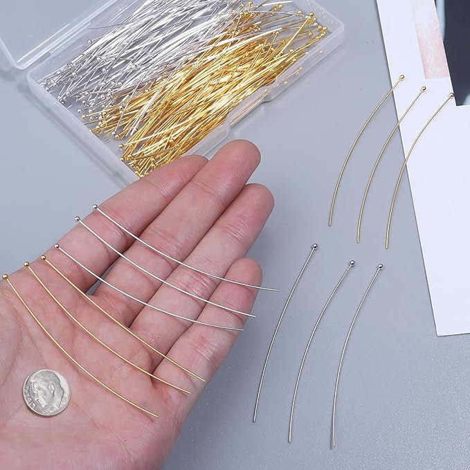 200 Pcs 70mm/2.76 Inch 21 Gauge Ball Pins for Jewelry Making Straight Head Eye Pin for DIY Christmas Styles Craft Earring Bracelet Necklace Pendant Making (Ball Pins,Silver & Gold Color)