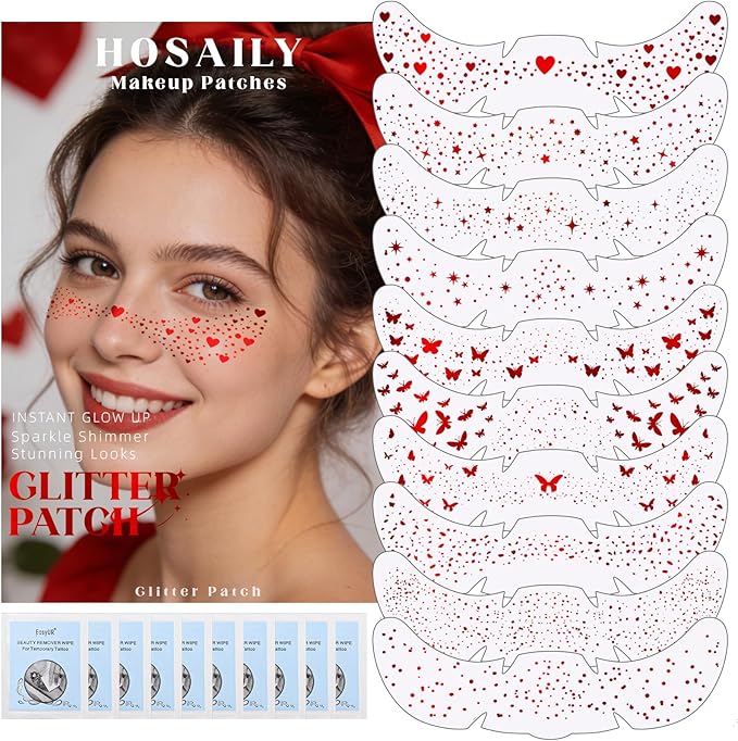 HOSAILY 10 Styles Red Glitter Freckles Face Tattoo, Waterproof Sparkle Cute Star Butterfly Face&Body Glitter Speckles Patches for Women, Metallic Temporary Tattoo Accessories Makeup for Rave