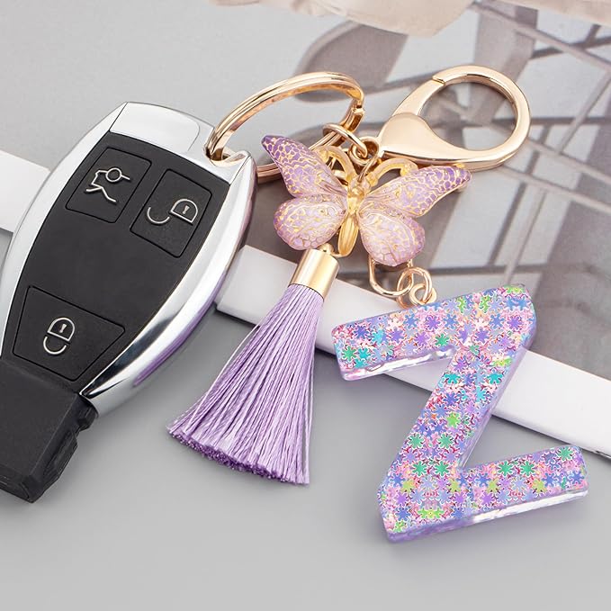 Suweibuke Cute Pink Key Chains for Women Girls, Initial Letter Keychains with Tassel, Charms for Key Purse Handbags Backpacks