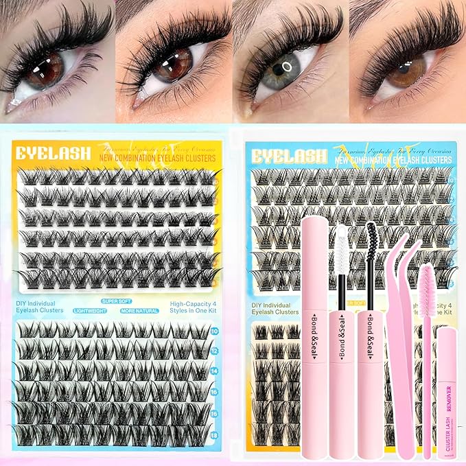 Lash Clusters Kit 576pcs, Natural Wispy DIY Eyelash Lashes Clusters Extensions Kit, 10-18mm D Curl with Lash Glue, Brush Tweezer and Remover