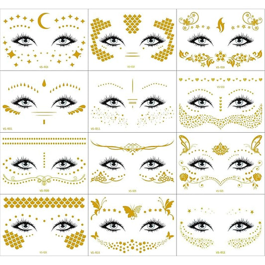 12 Pcs Gold Face Temporary Tattoo Sticker, Glitter Metallic Face Tattoo Stickers, Glitter Freckles, Sparkle Makeup Patches Freckle Tattoos for Women Party Decor 650