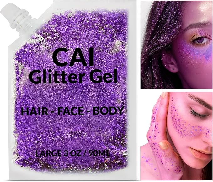 Face, Body & Hair Glitter Gel – Halloween Glitter for Kids and Women – 3 Oz Cosmetic-Grade Gel w/Moon & Stars for Festivals & Halloween Party, Easy Apply & Wash Off - Violet 2Pack