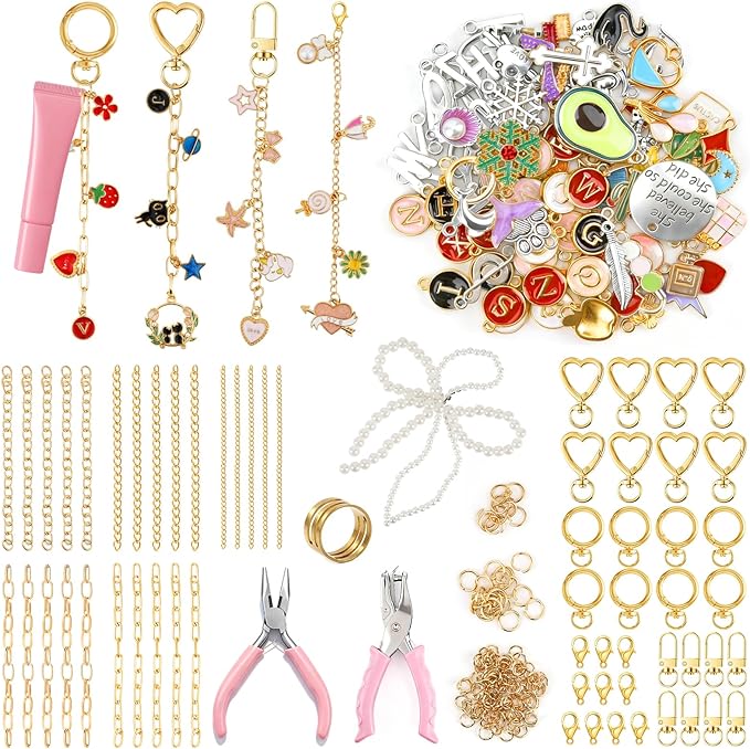 BQMEZRNUS 333Pcs Keychain Making Kit with Charms, DIY Lip Gloss & Bag Charm Supplies Includes Keychain Clips, Jump Rings, Lobster Clasps, Extender Chains & Pliers for Custom Jewelry Gifts and Crafts