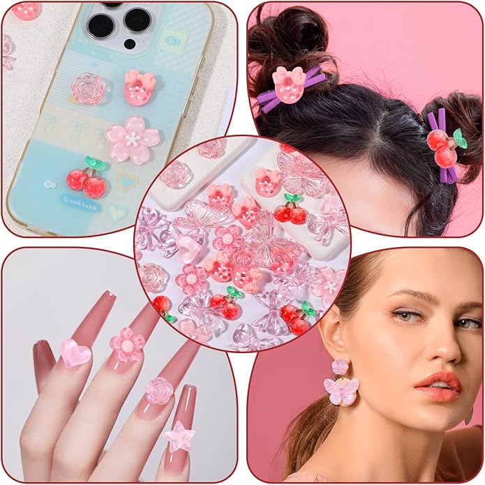 Pink Junk Case Charms Kit, 60 Pcs Cute Acrylic 3D Resin Charms with Cute Bow Y2K Aesthetic Bow Charm Girly Coquette DIY Craft Accessories Big Flatback Resin Decoden Charm for Crafts Jewelry Making