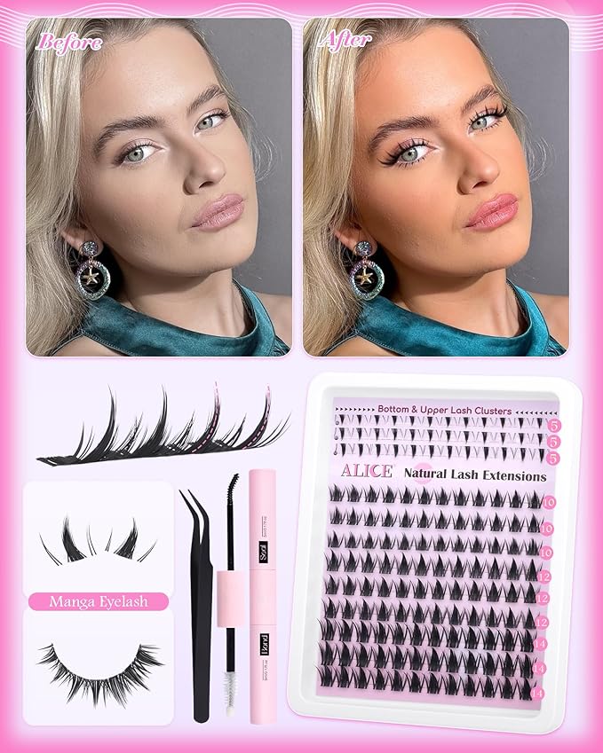 ALICE Manga Lash Clusters Kit Clear Band Natural Lash Extensions Kit 5-14mm Wispy Cluster Eyelash Extension Kit DIY Invisible Band Individual Cluster Lashes with Spiky Bottom Lashes Bond and Seal