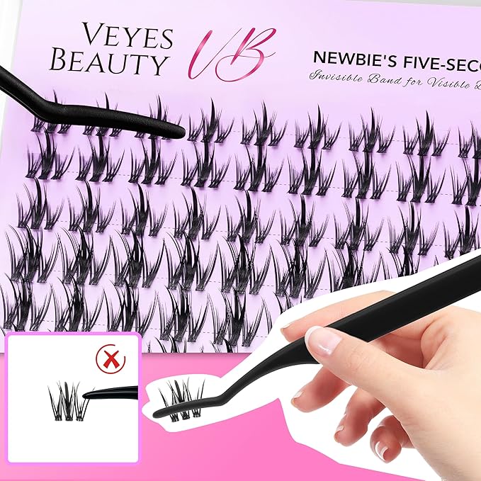 VEYESBEAUTY Lash Clusters Kit Eyelash Extensions Thin & Invisible Band Individual False Eyelashes Newbie's Five-Second Series Wispy Lash Tray for Self-application, Camellia Lashes 8-18mm Mixed Length