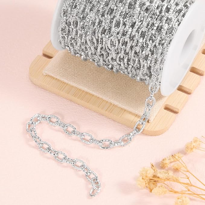 BORUINIE Silver Bulk Chain for Jewelry Making 33 Feet Aluminum Textured Oval Rolo Chains Spool for Crafts Bracelet Necklace Jewelry Making