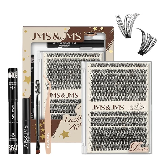 JMS&JMS DIY Lash Extension Kit Lash Clusters Kit 40D+50D D Curl Individual Lashes Eyelash Extension Kit 280 pcs Thin Band Cluster Lashes Lash Bond and Seal Tweezers Easy to apply