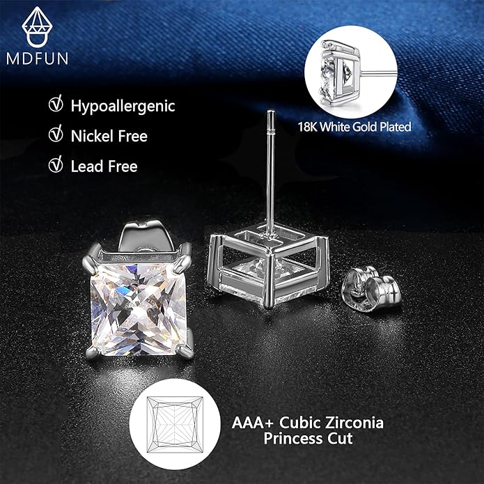 MDFUN 5 Pairs Square Earrings Set for Women Hypoallergenic 18K White Gold/Yellow Gold/Rose Gold Plated Princess Cut Clear Cubic Zirconia Stud Earring 3-7MM Pack of 5