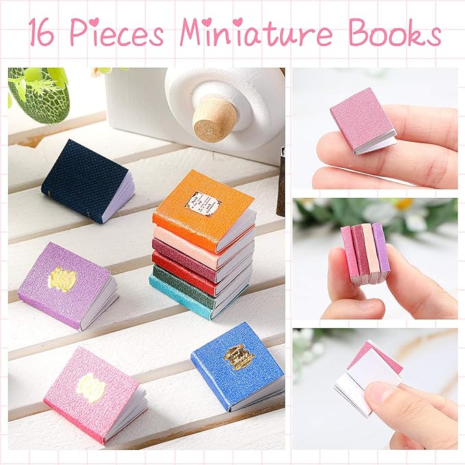 Sumind 16 Pcs 1:12 Miniatures Dollhouse Books, Assorted Timeless Miniatures Books, Mini Dollhouse Accessories Toy Supplies Decoration for Boys and Girls(Colorful Style)