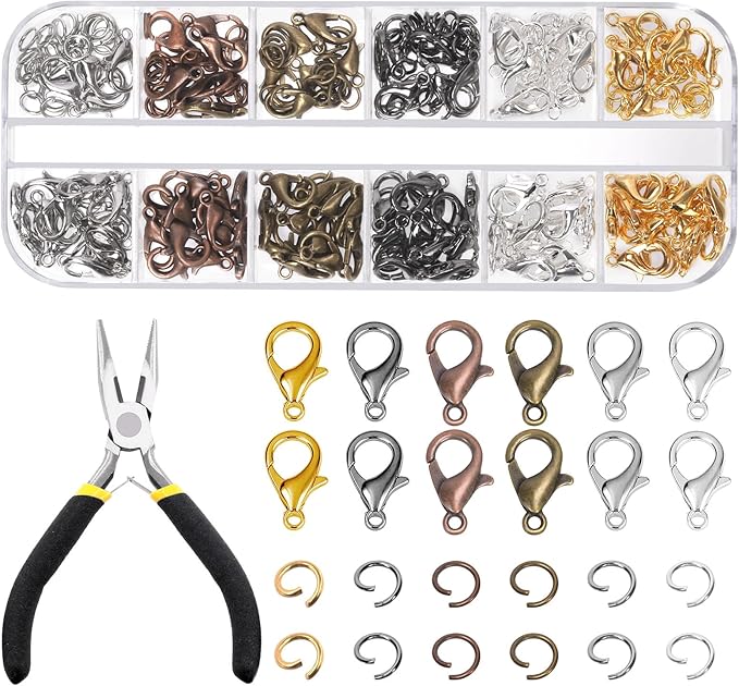 Tanstic 241Pcs 6 Colors Lobster Claw Clasps and Open Jump Rings Kit, 12mm Lobster Clasps, 5mm Jump Rings with Needle Nose Pliers for DIY Bracelet Necklace Jewelry Making