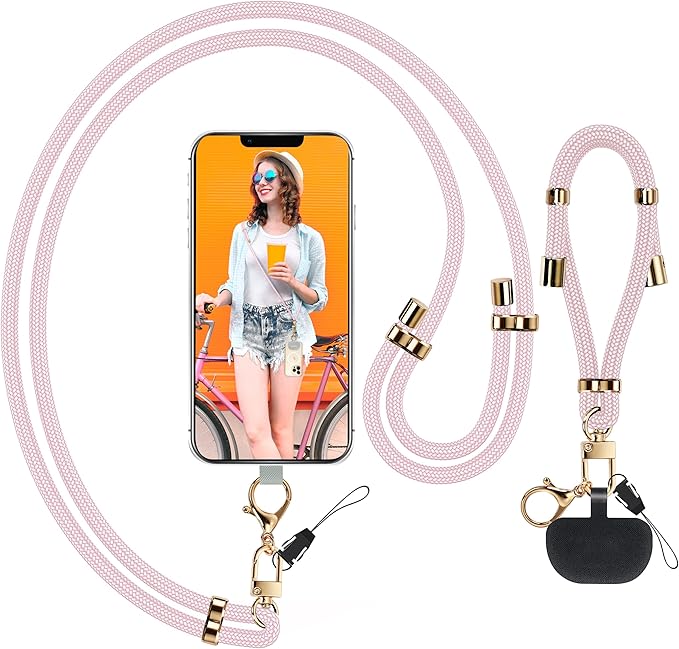 Kaptron 2Pcs Cell Phone Lanyard: Universal Adjustable Crossbody Phone Strap and Wrist Strap, with 2 Lobster Clips and 2 Tether Patches, Compatible with Most iPhone and Android Smartphones (Pink)